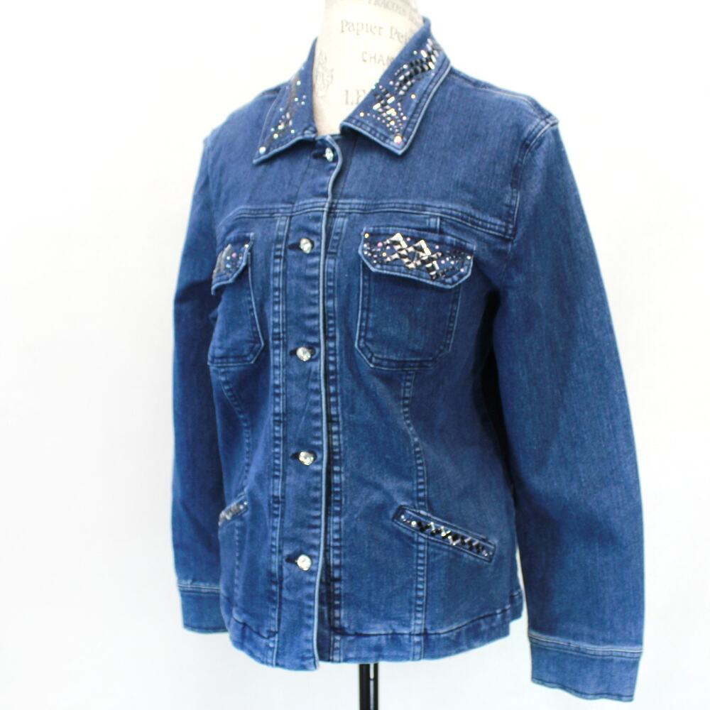 Cristine Alexander Denim Jacket Studded Rhinestone Western Glam Style Medium